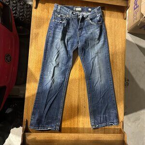 Mek Denim Portland Bootcut Jeans 36x34 Distressed Flap Pocket Embroidered Jeans